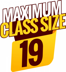 Bold text reading "MAXIMUM CLASS SIZE" in white and yellow, overlapping a large yellow number "19," set against a yellow and brown background.
