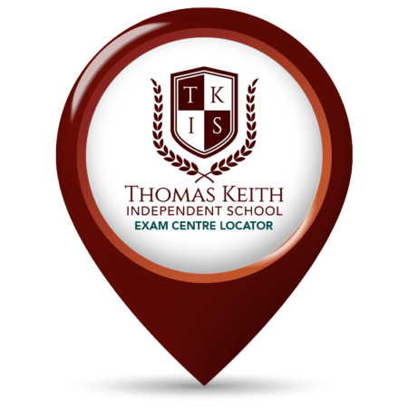 a red and white pin with a thomas keith logo